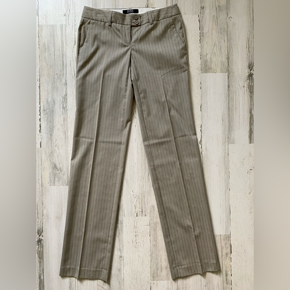 Body by Victoria Kate Fit dress pants, tan with pinstripe, size 0 tall